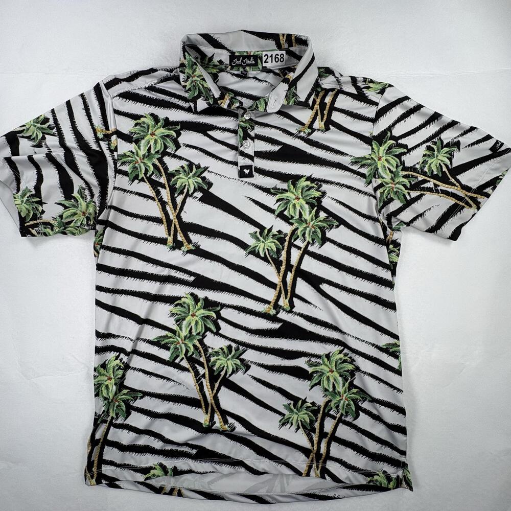 Bad Birdie Polo Shirt Mens Large Multicolor Palm Print Golf Stretch Performance